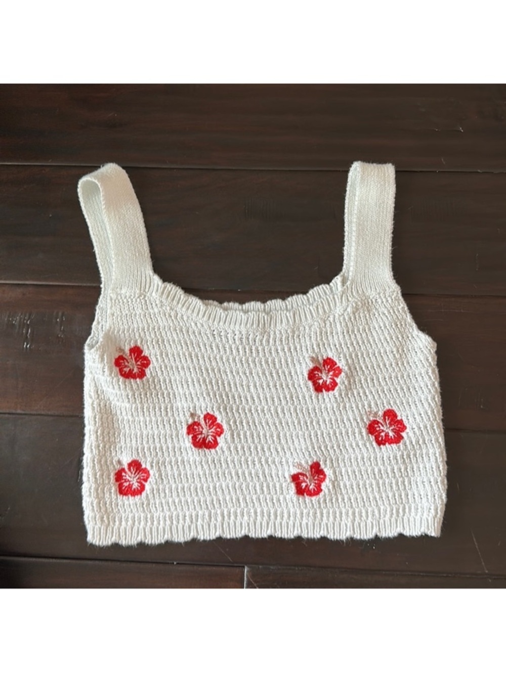 wild fable White Crochet Crop Tank with Red Floral Accents